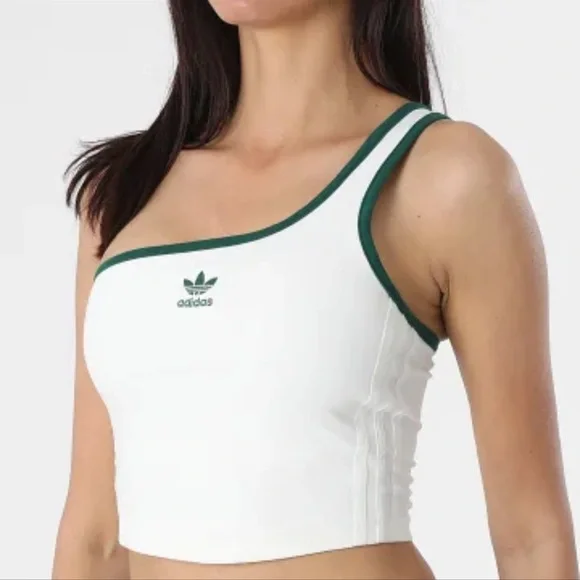 Adidas Women's White and Green Asymmetric Crop Top - Picture 3 of 5